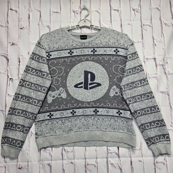 PlayStation Men XL Crewneck Sweatshirt Grey Marled Gamer Controller Symbols Logo - Picture 2 of 8
